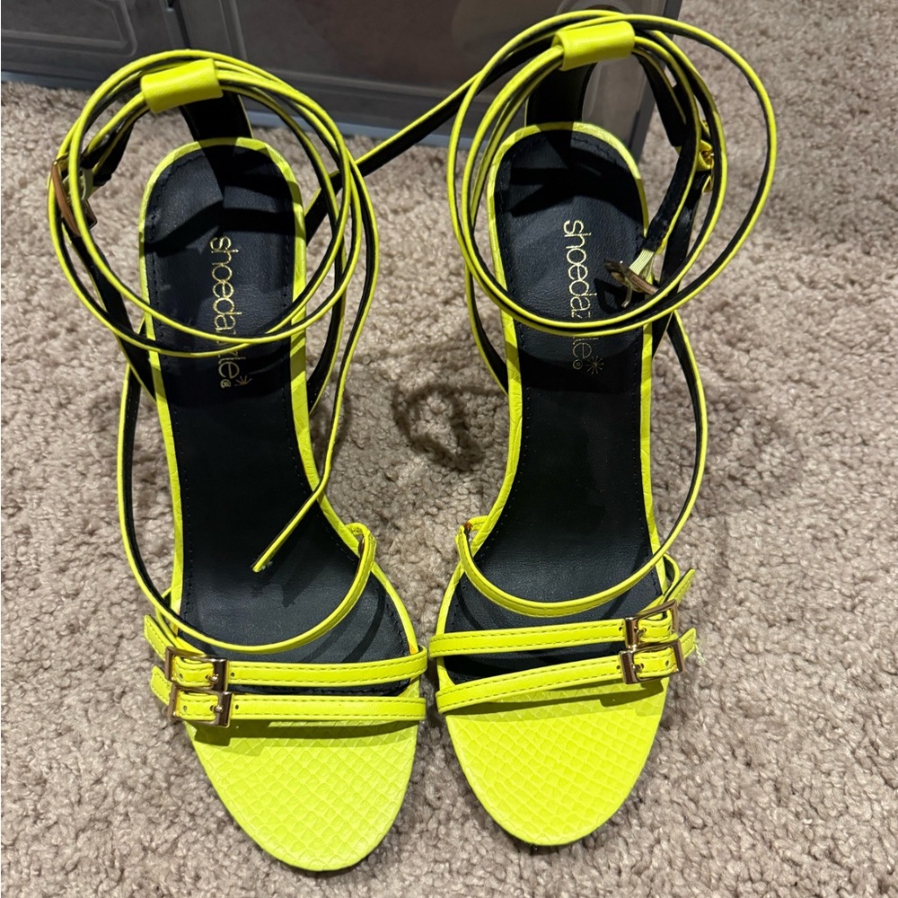 Shoe Dazzle Neon Yellow Strappy Lace-Up Heels
